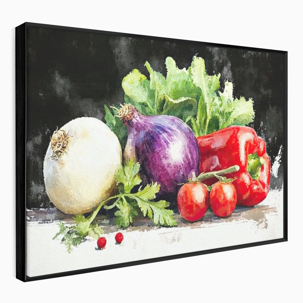 Tablou canvas cu pictura cu legume proaspete si verdeturi, in rama de aluminiu negru